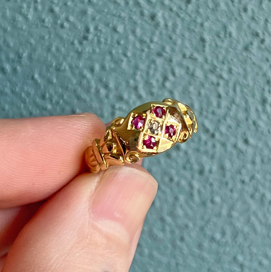 Antique Edwardian 18k Gold Ruby Diamond Ring, 5-Stone c. 1910