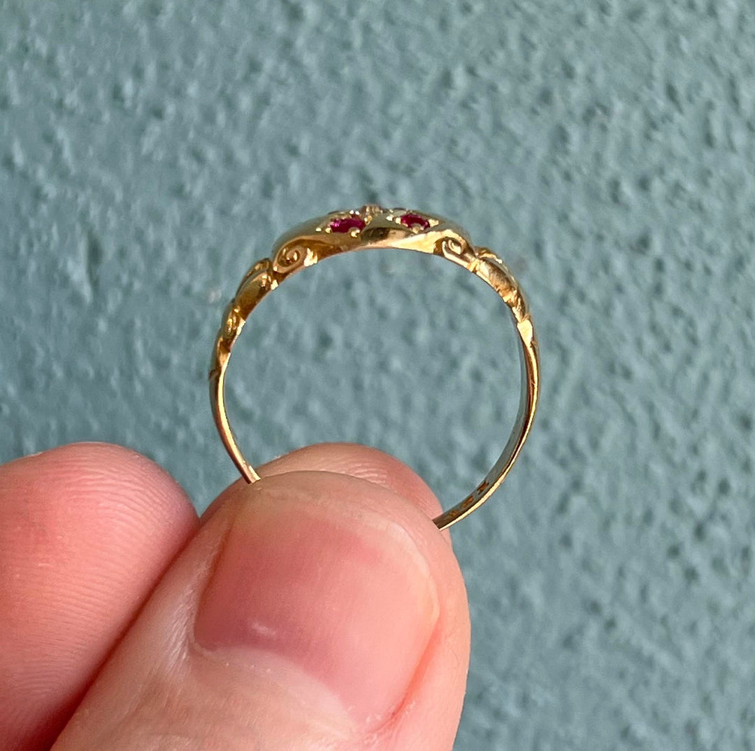 Antique Edwardian 18k Gold Ruby Diamond Ring, 5-Stone c. 1910