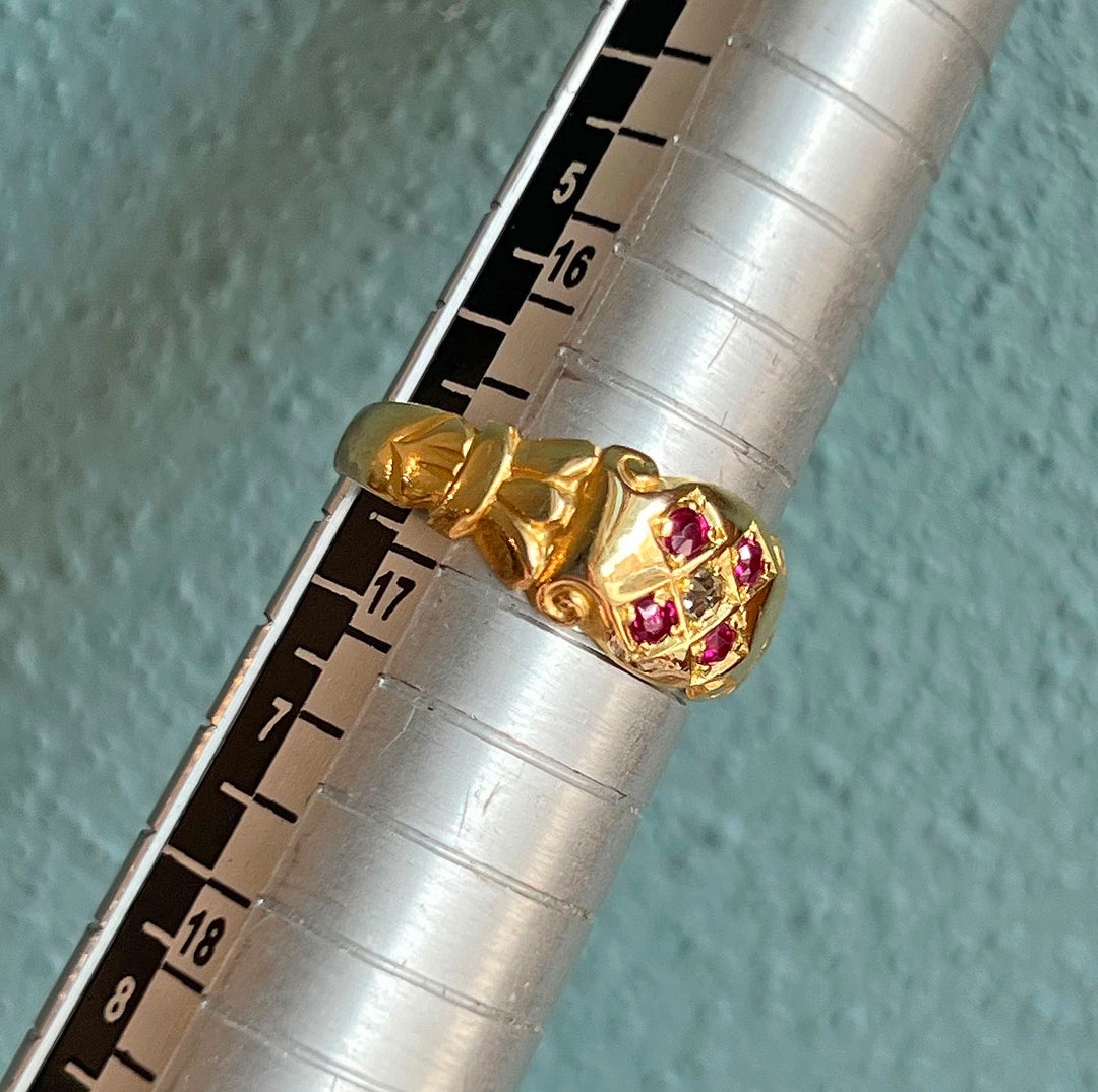 Antique Edwardian 18k Gold Ruby Diamond Ring, 5-Stone c. 1910
