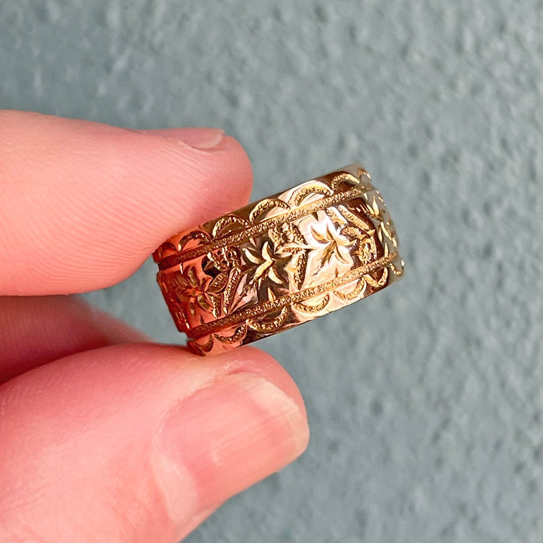 Antique Edwardian 9k Gold Band Ring Floral Engraved, Chester 1909