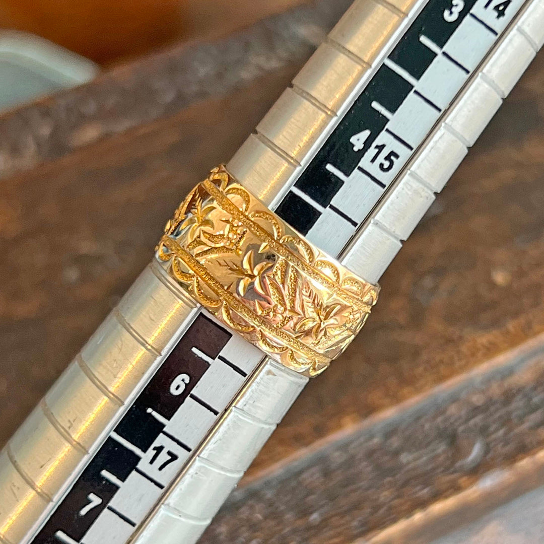 Antique Edwardian 9k Gold Band Ring Floral Engraved, Chester 1909