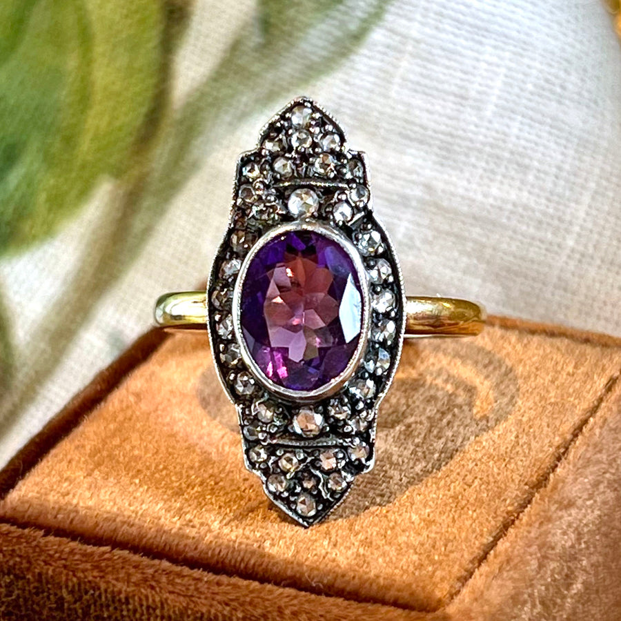 Antique Edwardian Amethyst Diamond Ring Gold Silver Set c. 1900 Size 7.5