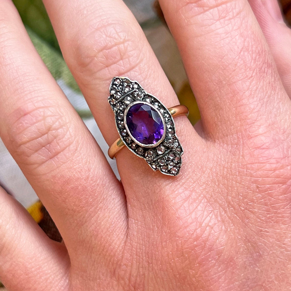Antique Edwardian Amethyst Diamond Ring Gold Silver Set c. 1900 Size 7.5