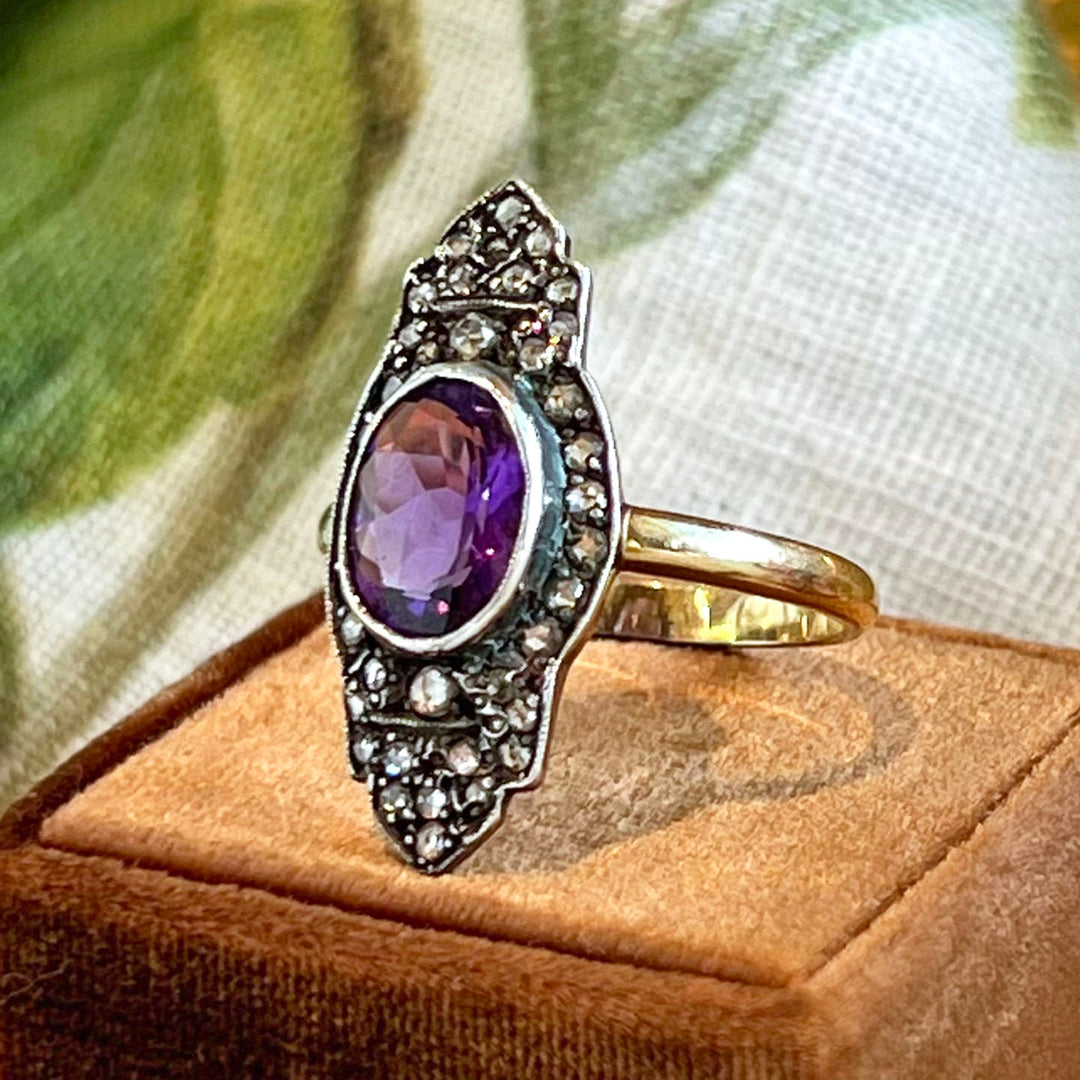 Antique Edwardian Amethyst Diamond Ring Gold Silver Set c. 1900 Size 7.5