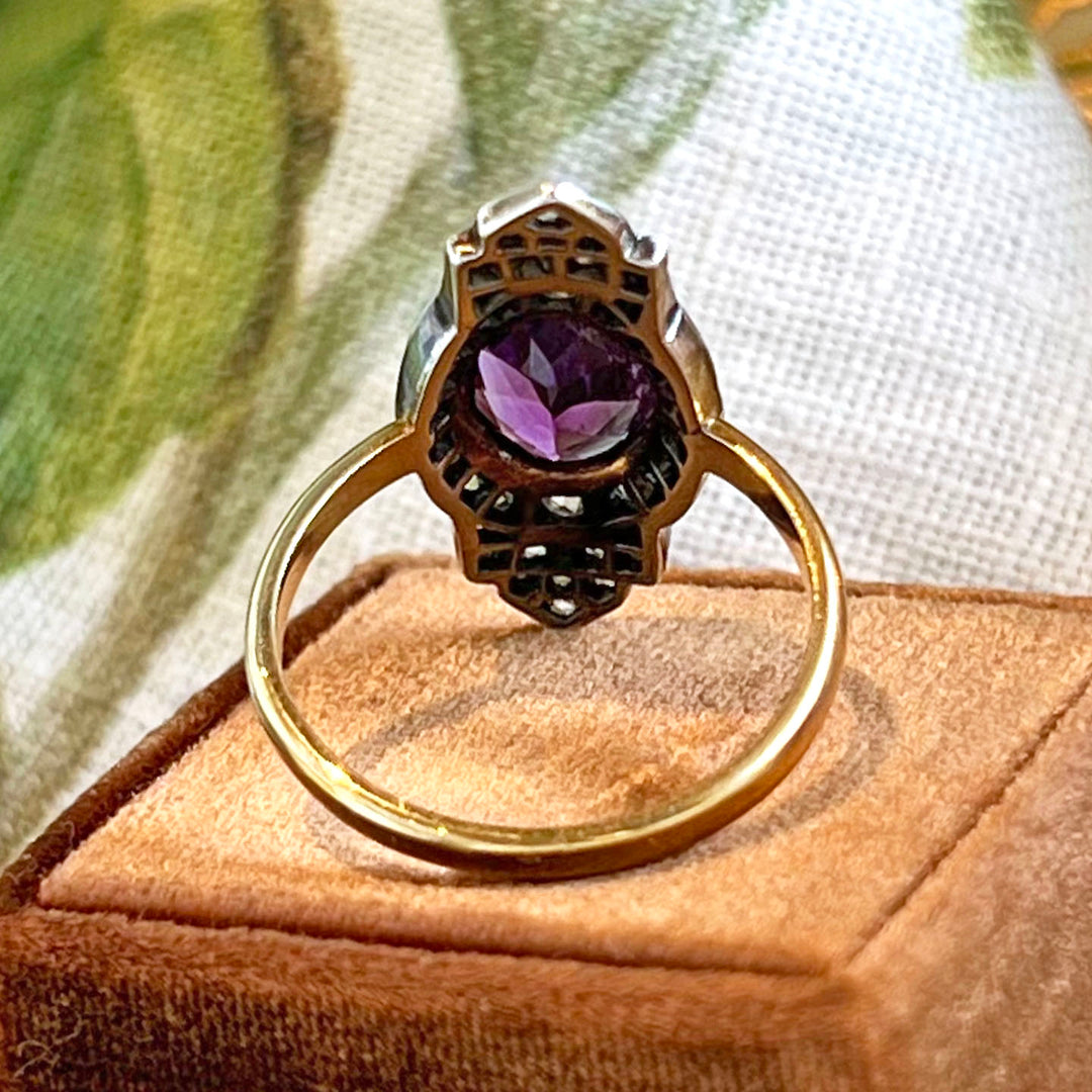 Antique Edwardian Amethyst Diamond Ring Gold Silver Set c. 1900 Size 7.5