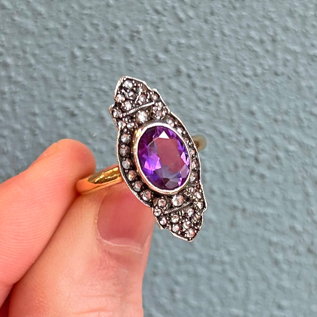 Antique Edwardian Amethyst Diamond Ring Gold Silver Set c. 1900 Size 7.5