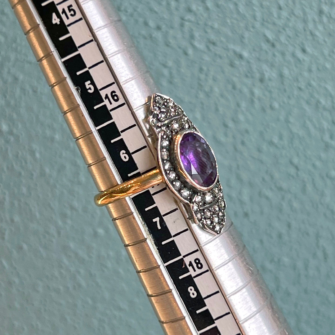 Antique Edwardian Amethyst Diamond Ring Gold Silver Set c. 1900 Size 7.5
