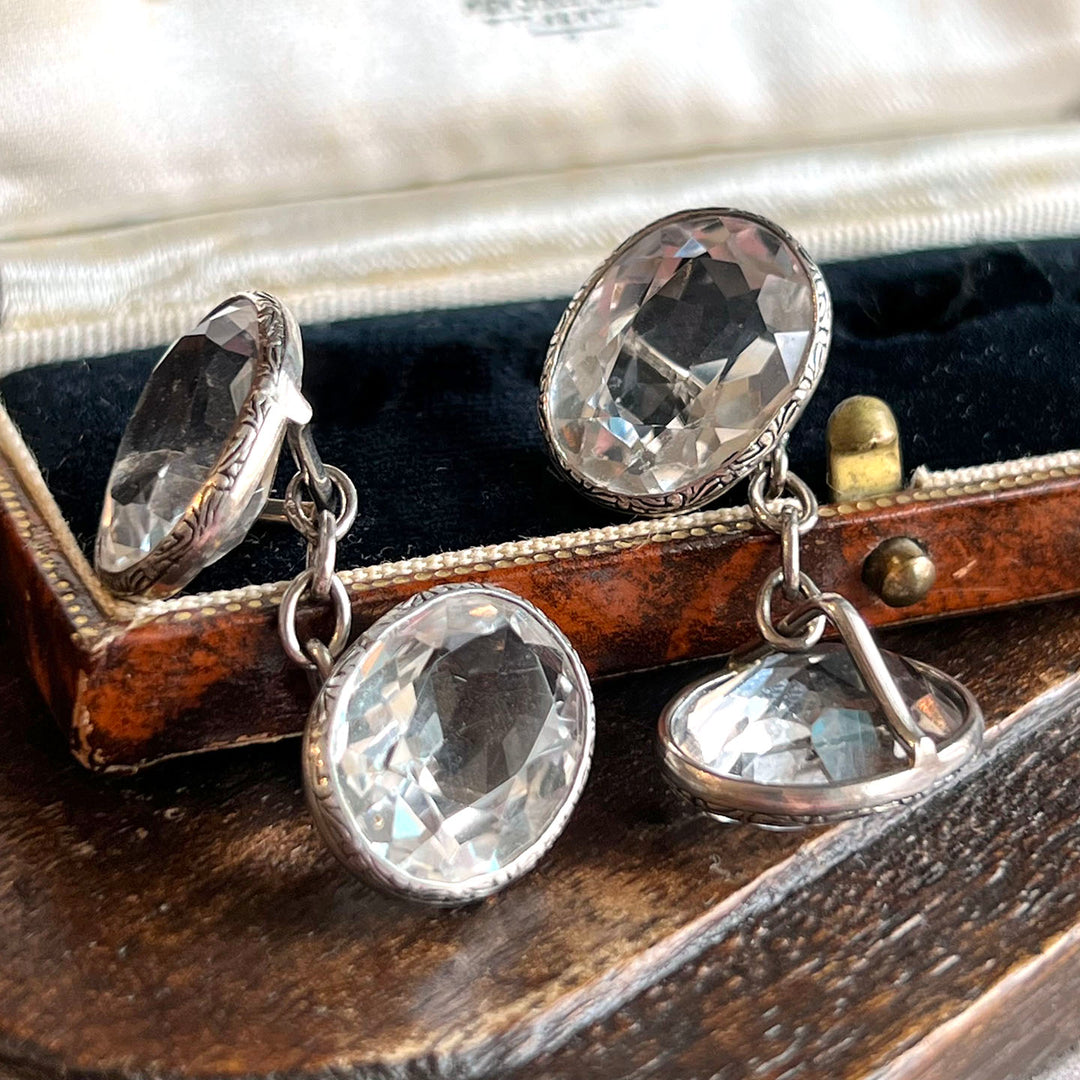 Antique Edwardian Cufflinks Silver and Crystal in Original Case c. 1910
