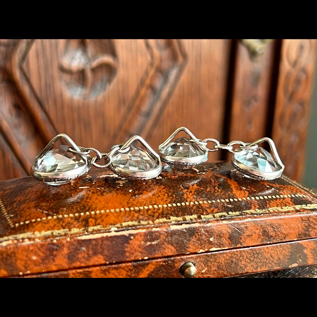Antique Edwardian Cufflinks Silver and Crystal in Original Case c. 1910