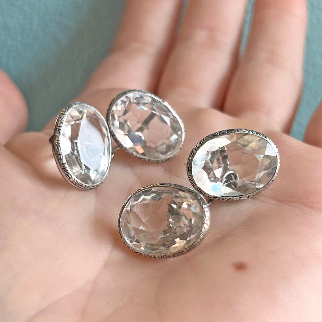 Antique Edwardian Cufflinks Silver and Crystal in Original Case c. 1910