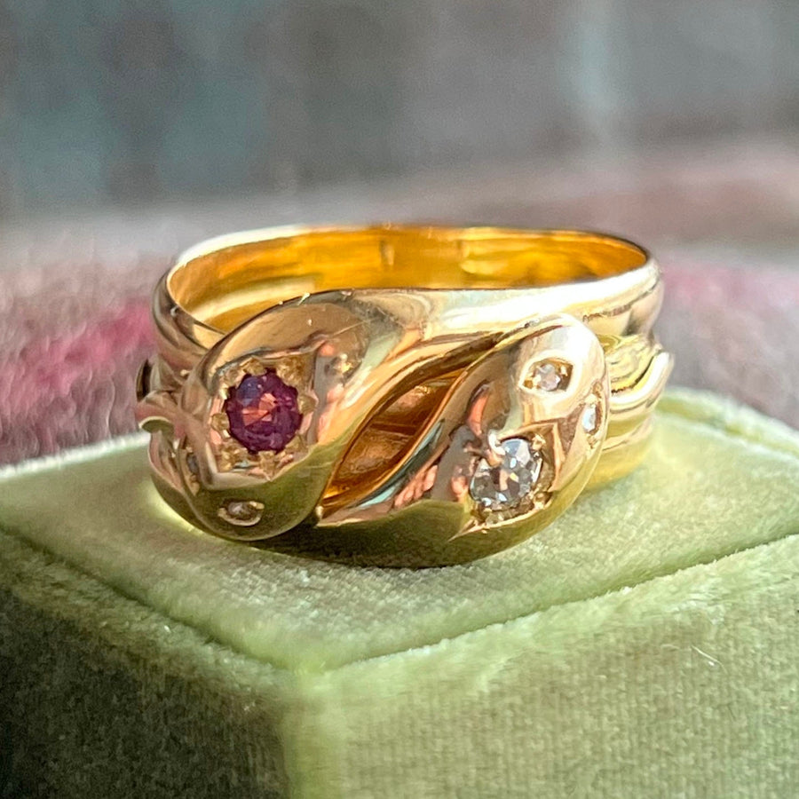 Antique Edwardian Double Snake Ruby and Diamond Ring in 18 Karat Gold, Chester 1910