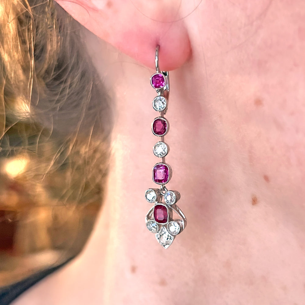 Antique Edwardian Drop Earrings Gold Platinum Ruby Diamond, c.1910