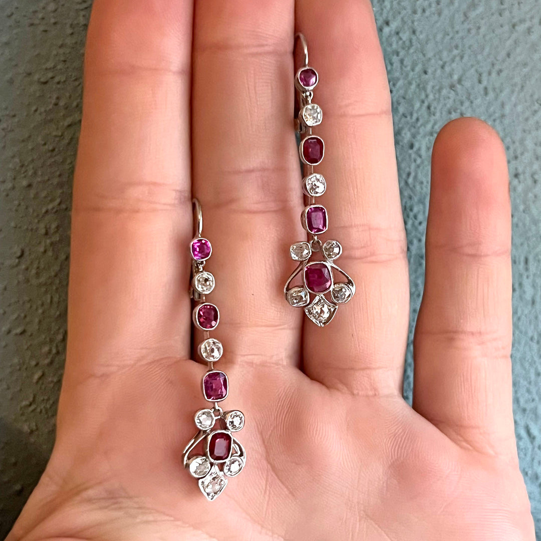 Antique Edwardian Drop Earrings Gold Platinum Ruby Diamond, c.1910