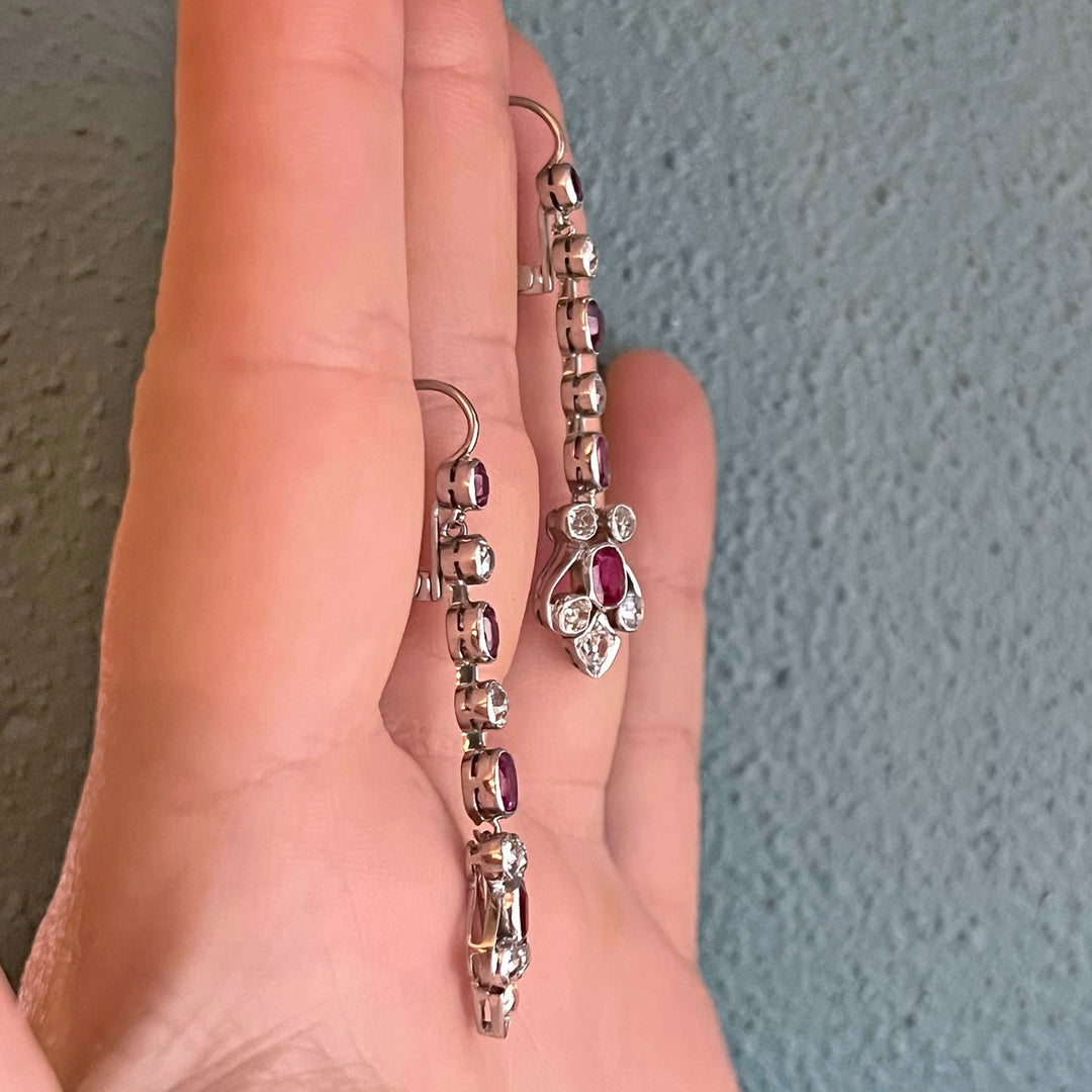 Antique Edwardian Drop Earrings Gold Platinum Ruby Diamond, c.1910