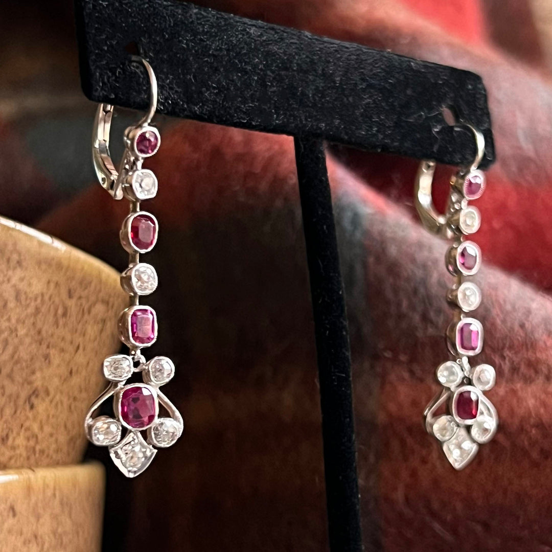 Antique Edwardian Drop Earrings Gold Platinum Ruby Diamond, c.1910