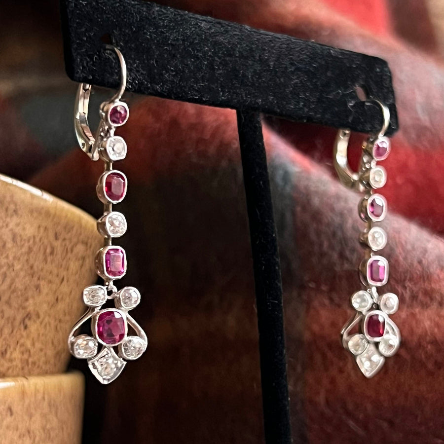 Antique Edwardian Drop Earrings Gold Platinum Ruby Diamond, c.1910