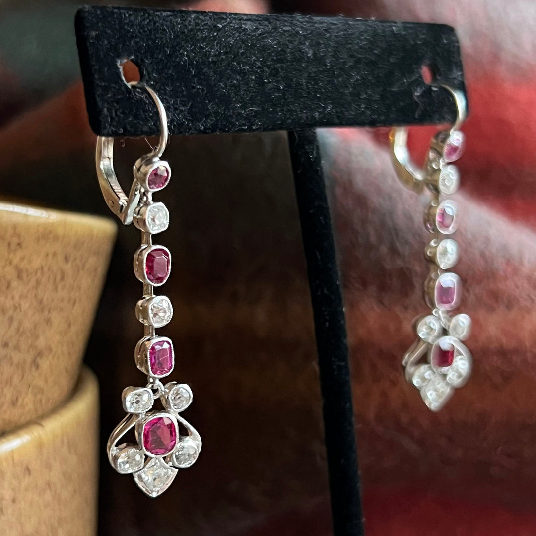 Antique Edwardian Drop Earrings Gold Platinum Ruby Diamond, c.1910