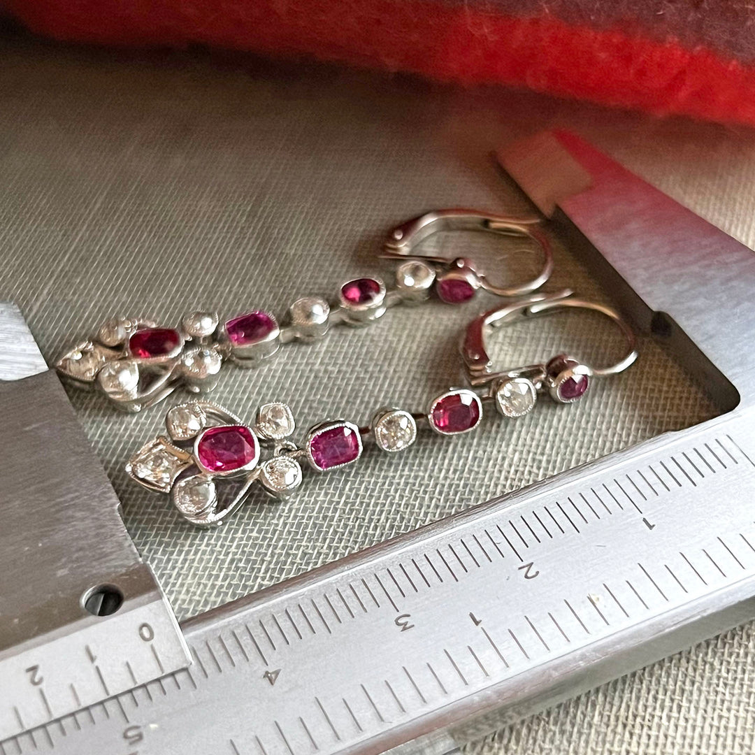 Antique Edwardian Drop Earrings Gold Platinum Ruby Diamond, c.1910