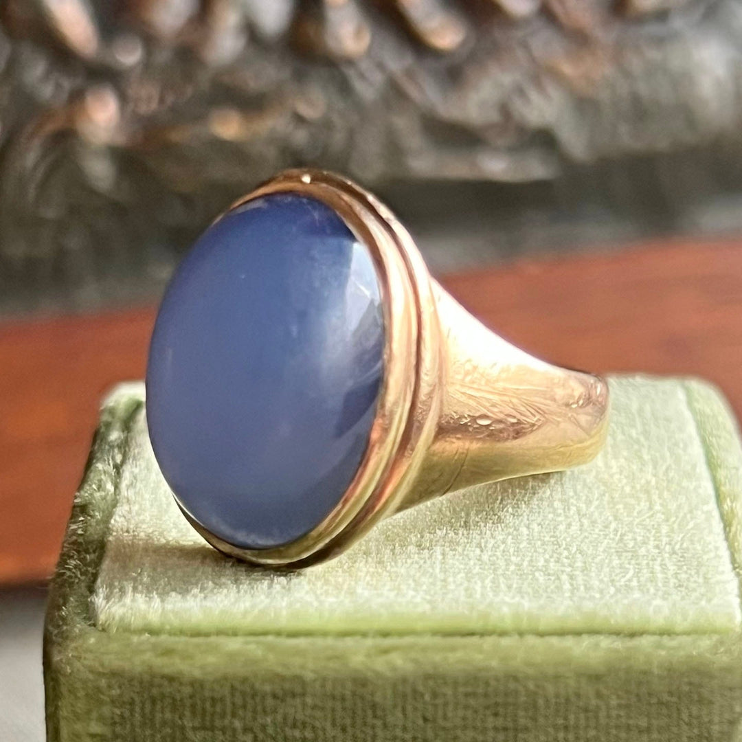 Close view of blue chalcedony cabochon ring
