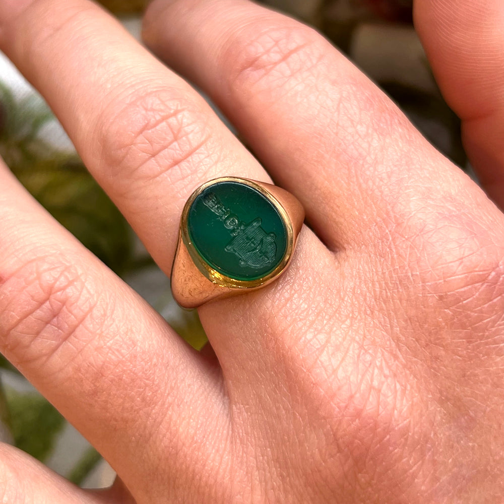 Antique Edwardian Gold Chalcedony Intaglio Ring, 15k Gold, c. 1900