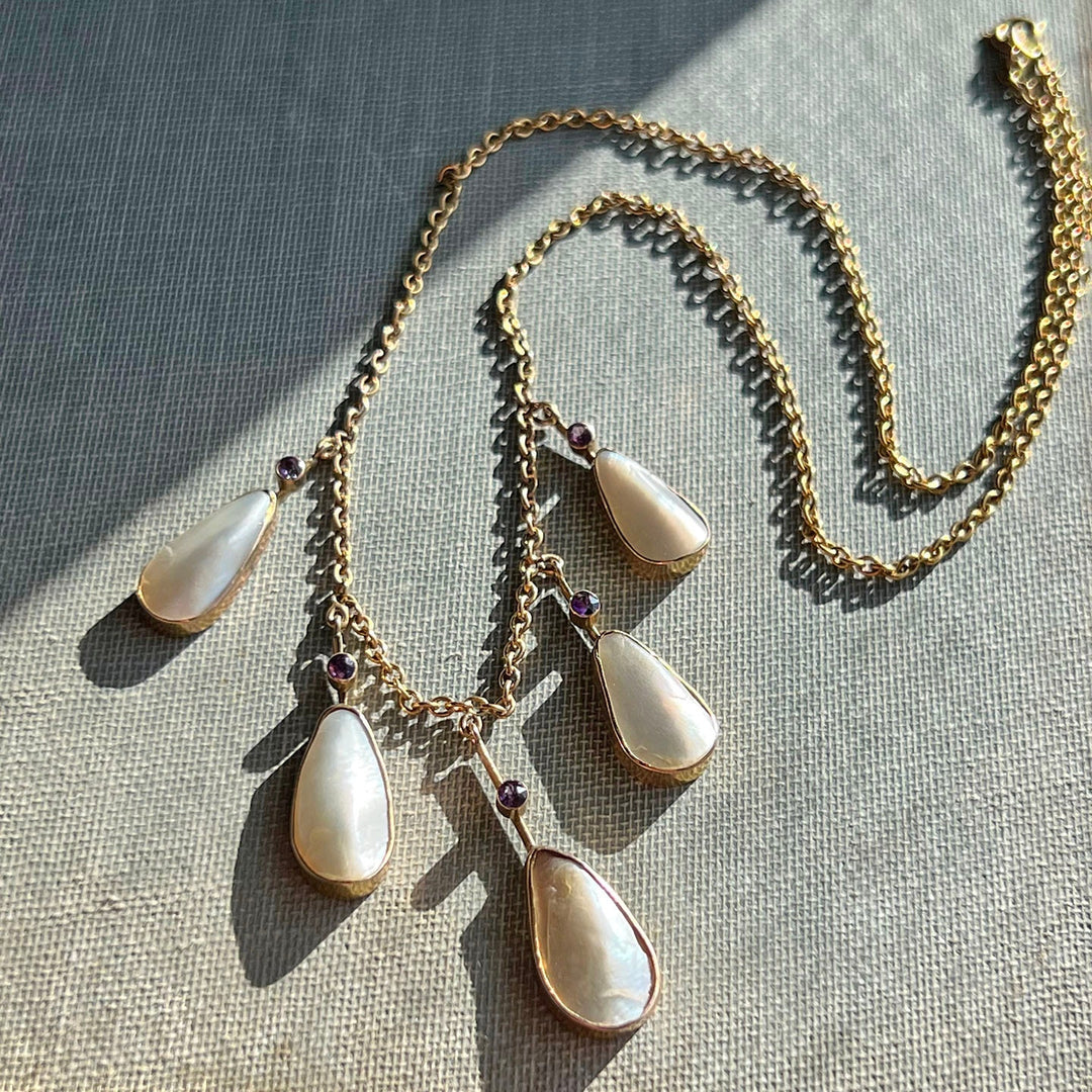 Antique Edwardian gold mother of pearl amethyst necklace