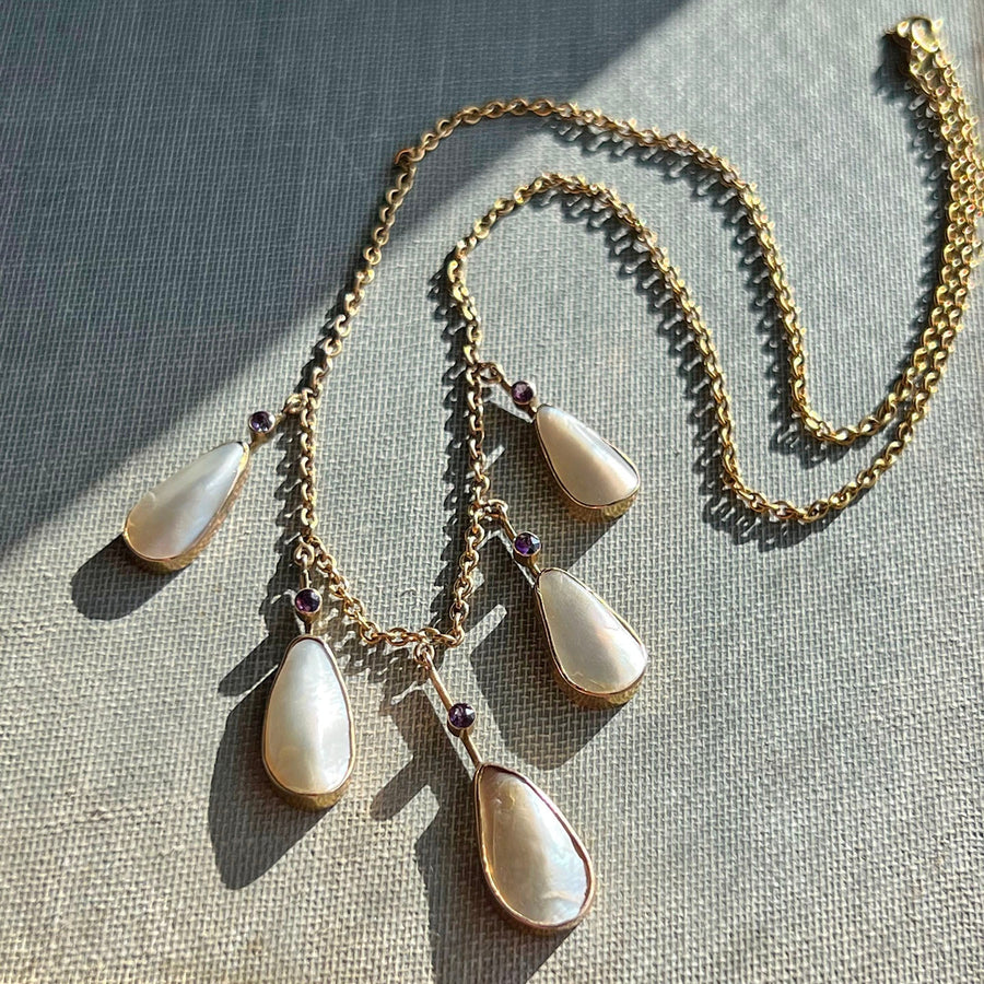 Antique Edwardian gold mother of pearl amethyst necklace