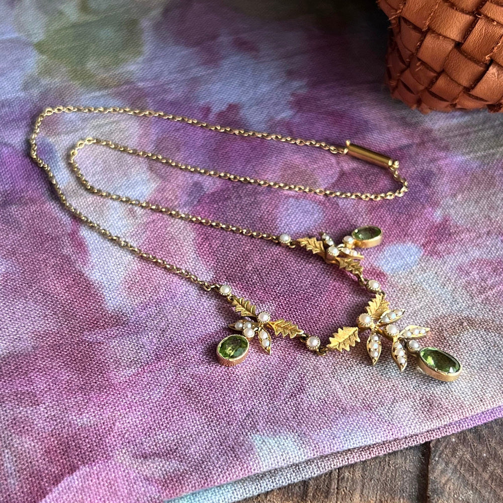 Antique Edwardian peridot and pearl drop necklace gold c1900