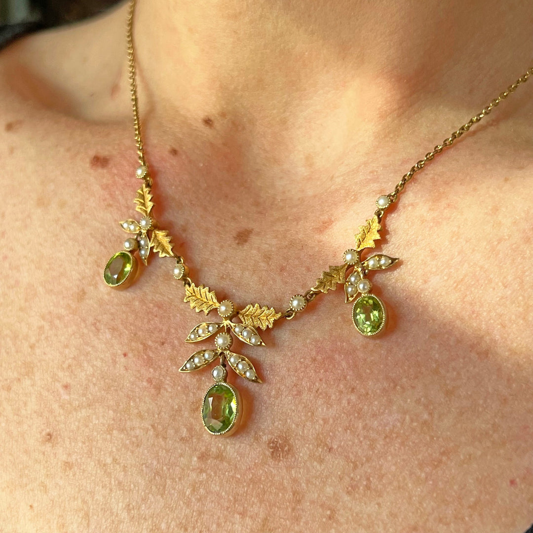 Antique Edwardian Gold Peridot and Pearl Drop Necklace c. 1900