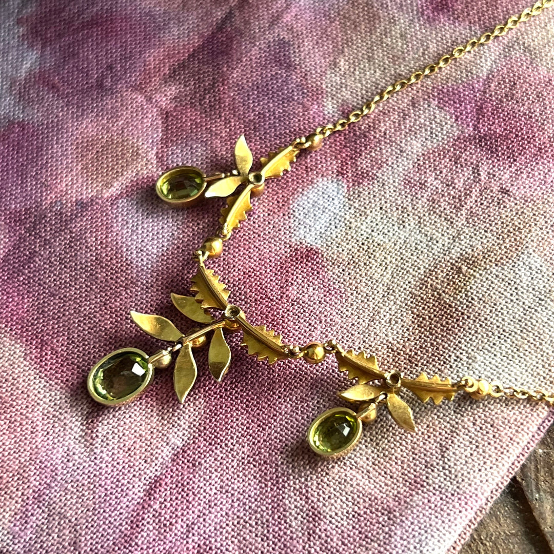 Antique Edwardian Gold Peridot and Pearl Drop Necklace c. 1900