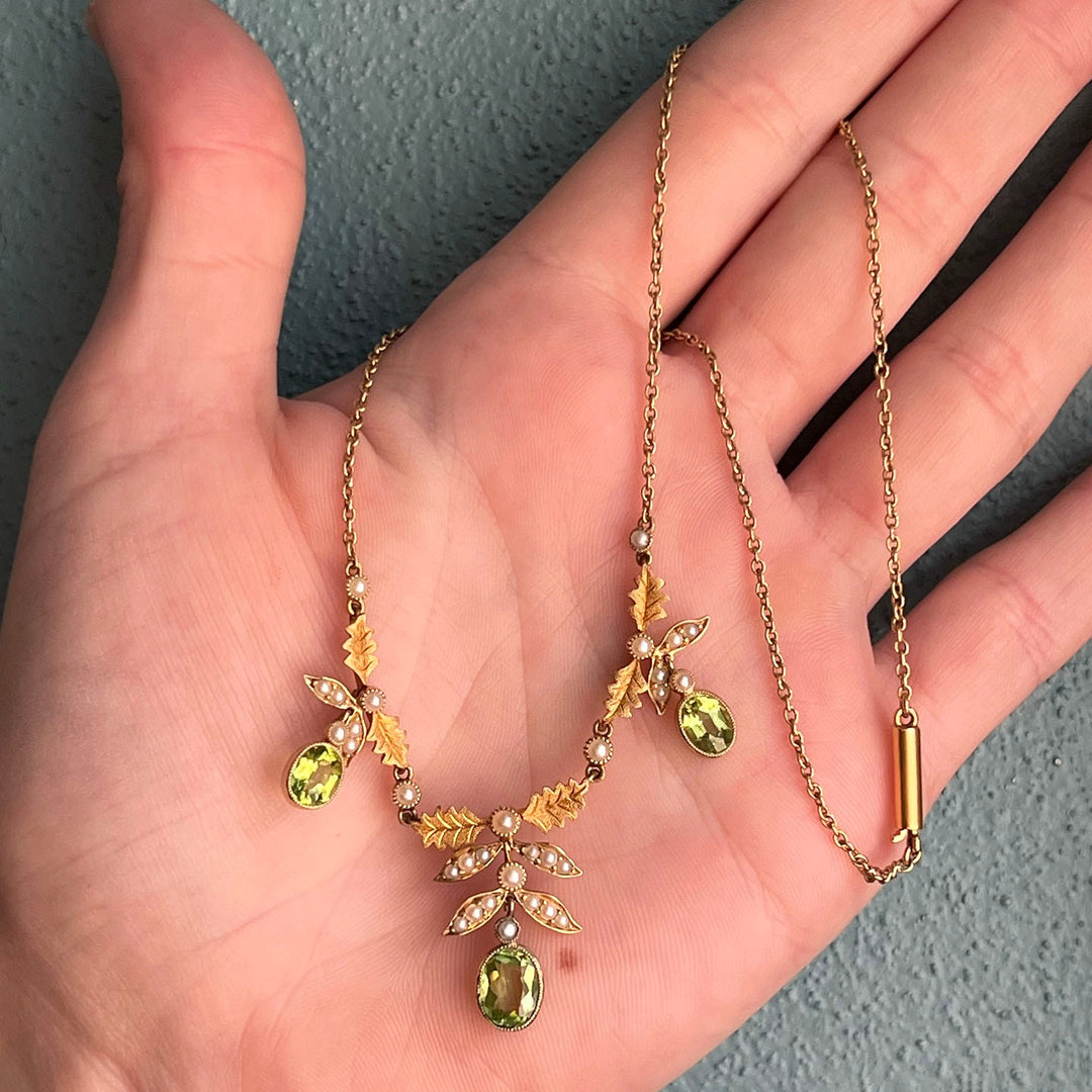 Antique Edwardian Gold Peridot and Pearl Drop Necklace c. 1900