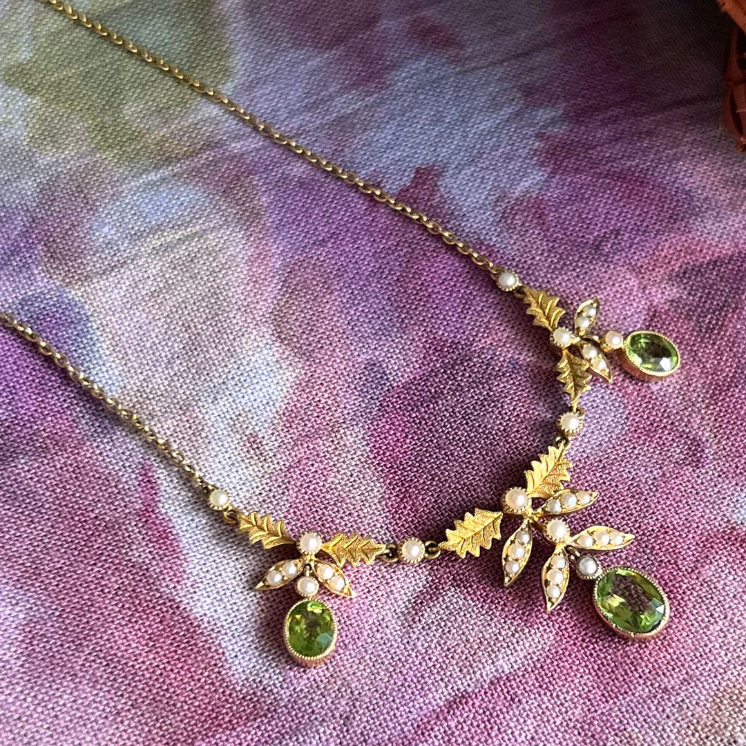 Antique Edwardian Gold Peridot and Pearl Drop Necklace c. 1900