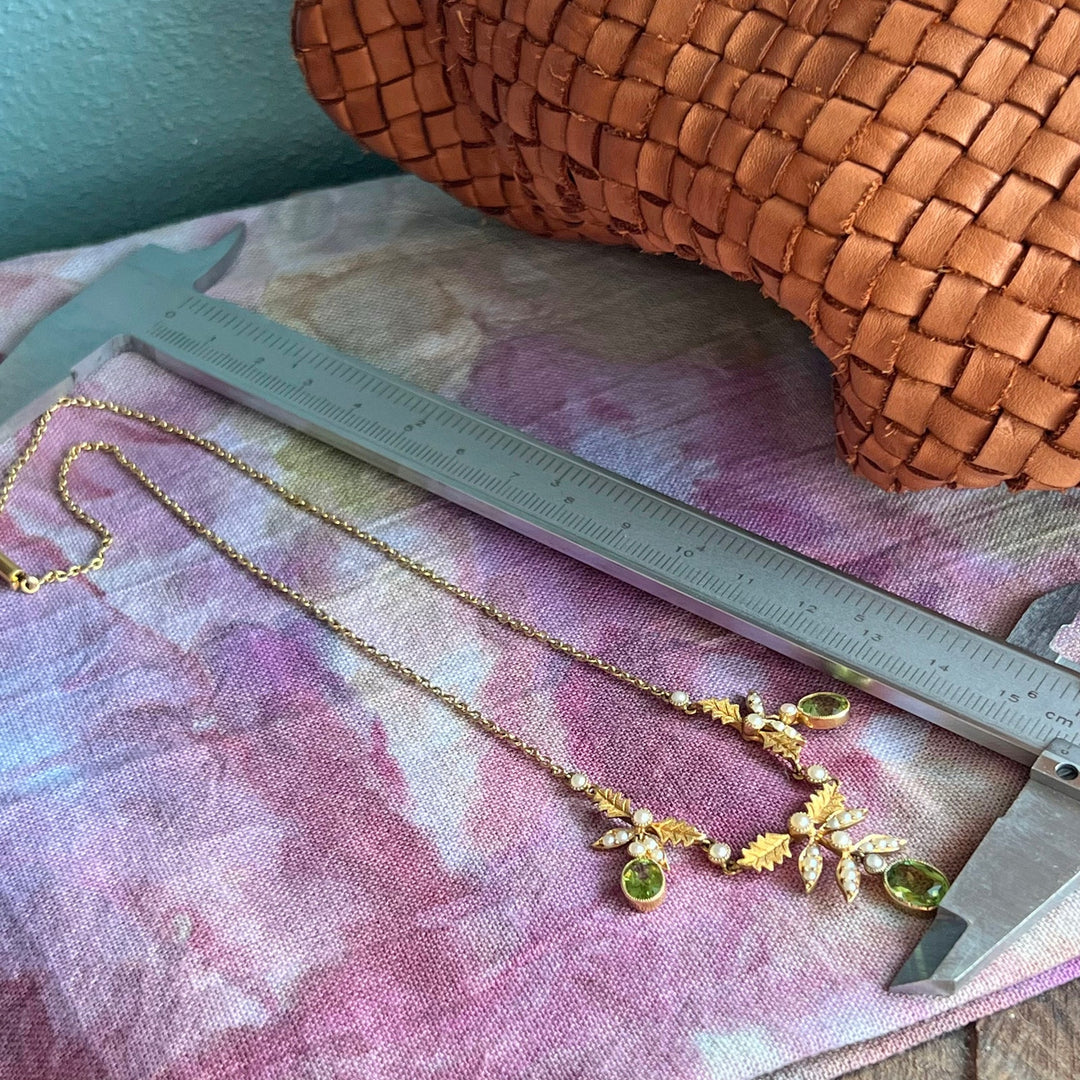 Antique Edwardian Gold Peridot and Pearl Drop Necklace c. 1900