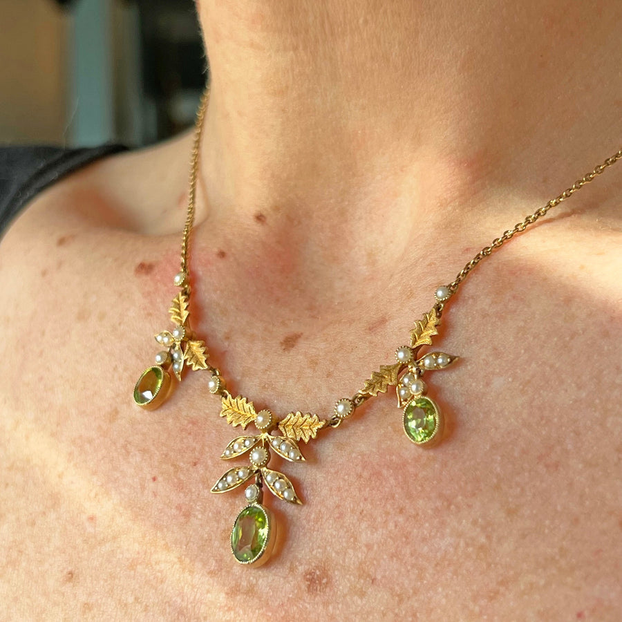 Antique Edwardian peridot and pearl drop necklace gold c1900