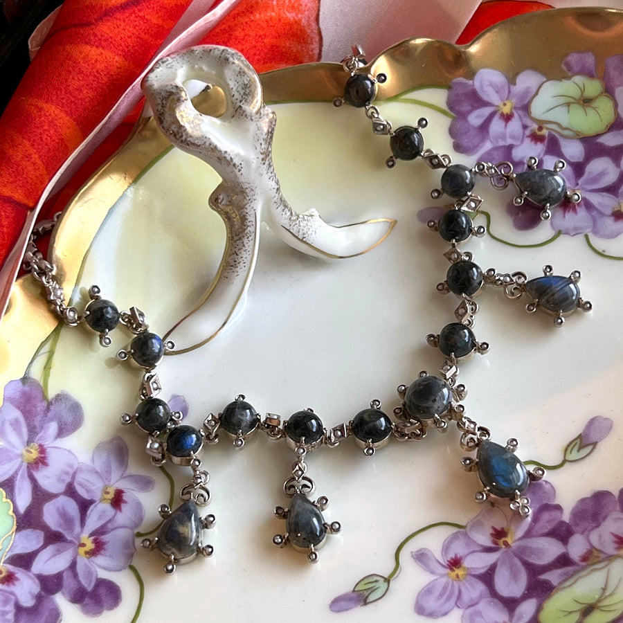 Antique Edwardian Labradorite Drop Necklace Silver Pearl c. 1900