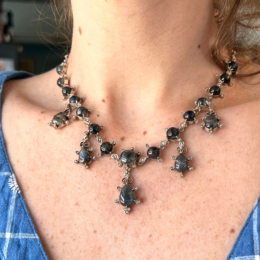 Antique Edwardian Labradorite Drop Necklace Silver Pearl c. 1900