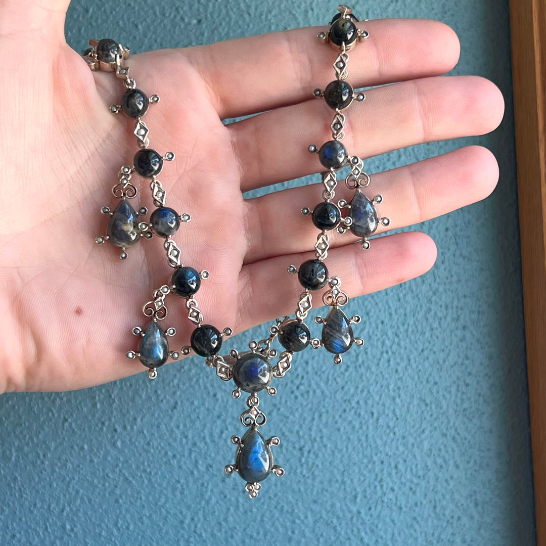 Antique Edwardian Labradorite Drop Necklace Silver Pearl c. 1900