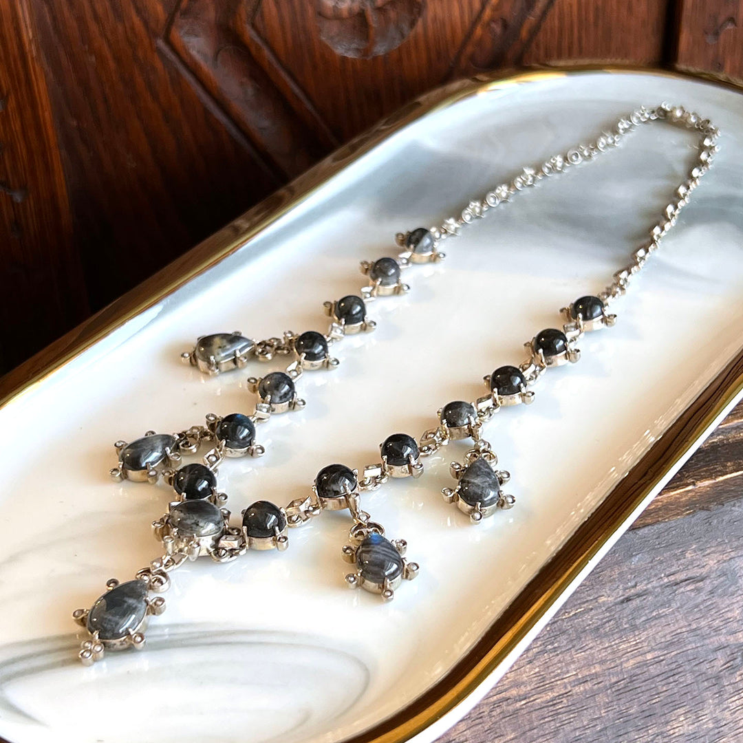 Antique Edwardian Labradorite Drop Necklace Silver Pearl c. 1900