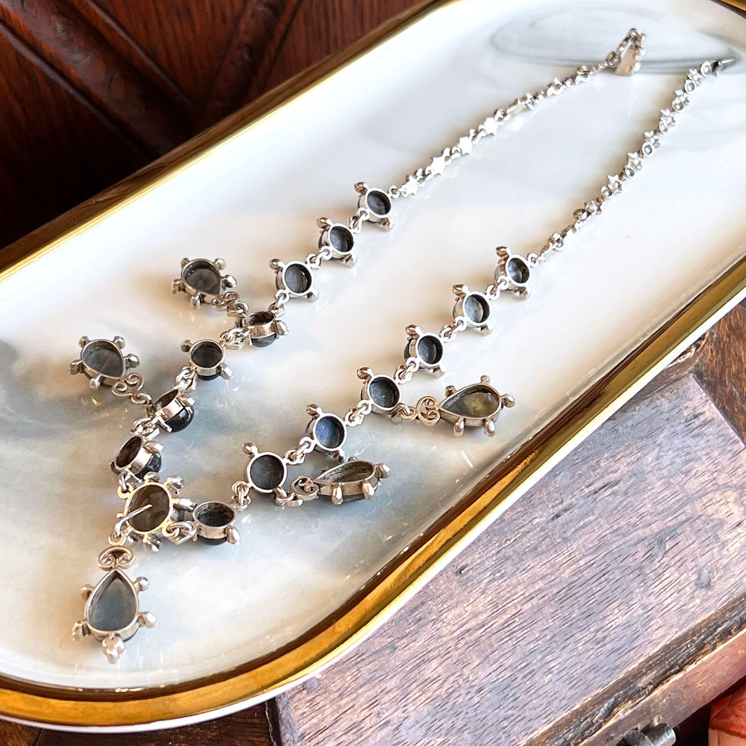 Antique Edwardian Labradorite Drop Necklace Silver Pearl c. 1900