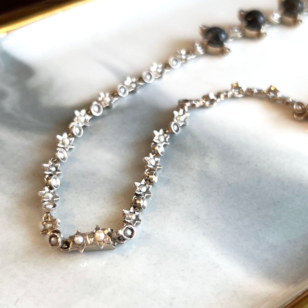 Antique Edwardian Labradorite Drop Necklace Silver Pearl c. 1900