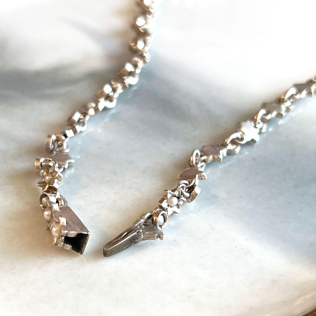 Antique Edwardian Labradorite Drop Necklace Silver Pearl c. 1900