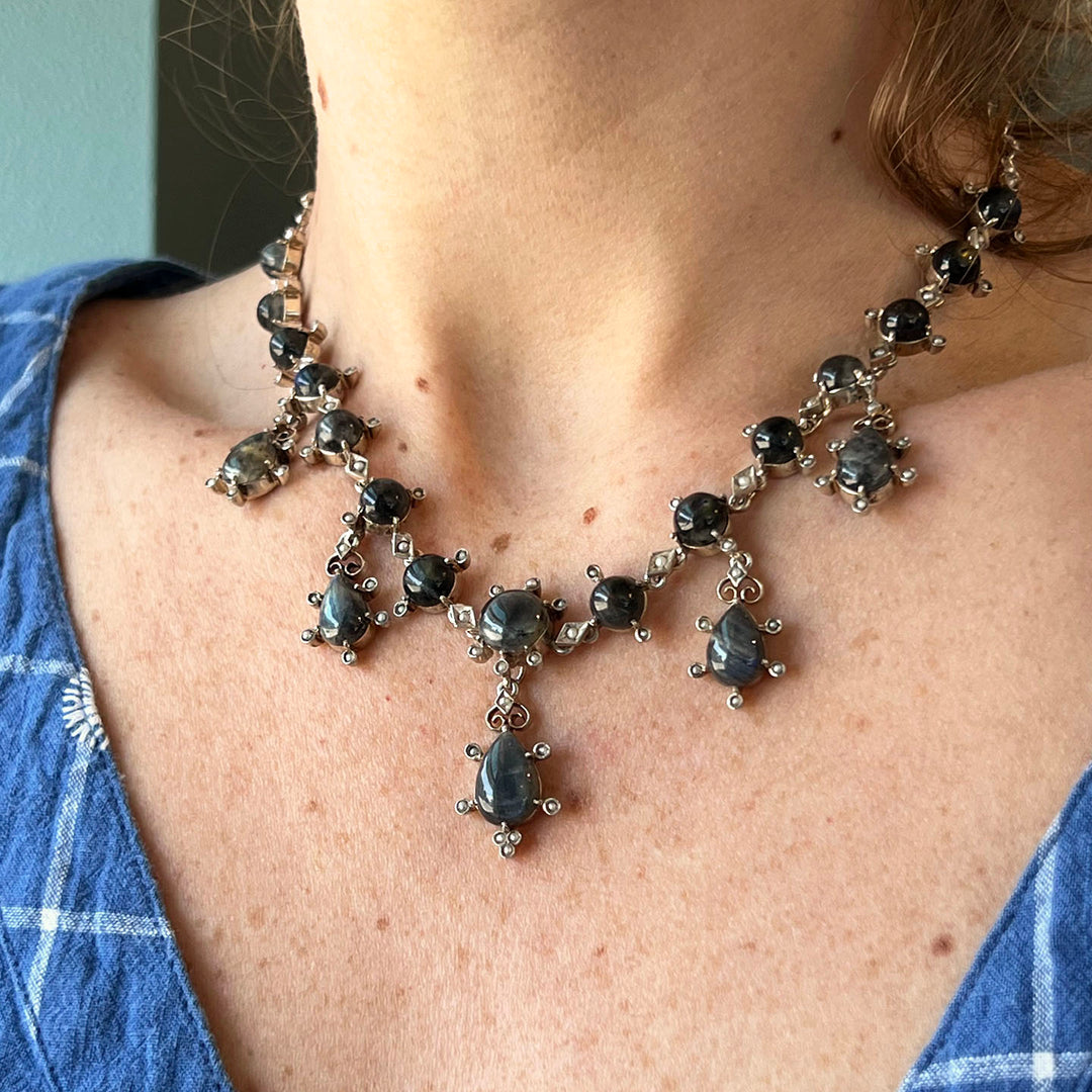 Antique Edwardian Labradorite Drop Necklace Silver Pearl c. 1900