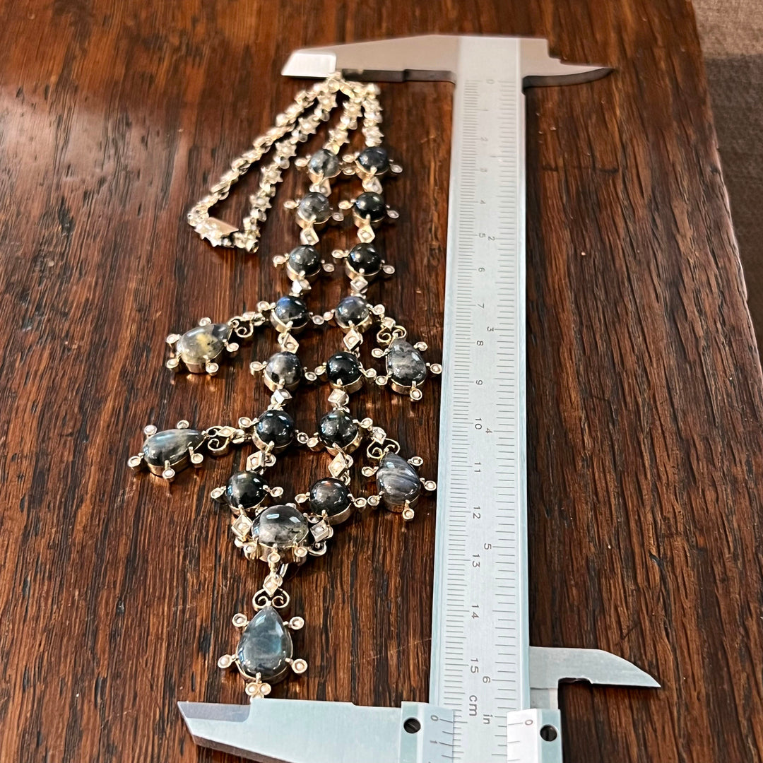 Antique Edwardian Labradorite Drop Necklace Silver Pearl c. 1900