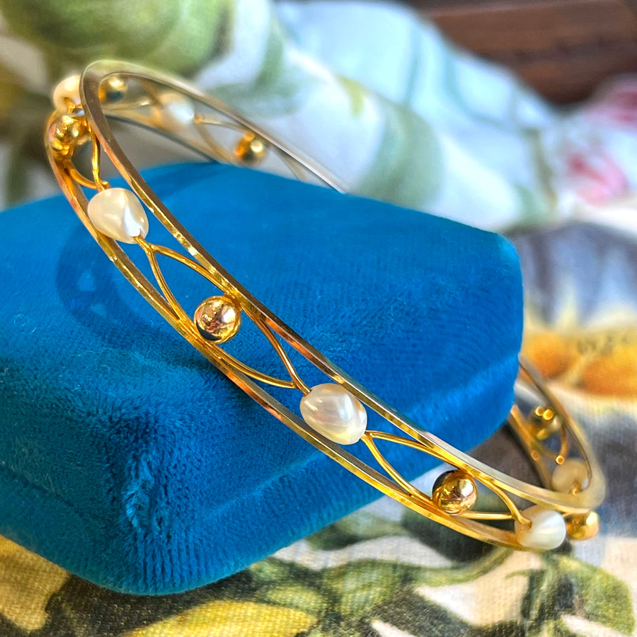 Antique Edwardian Pearl 9k Gold Bangle c. 1910