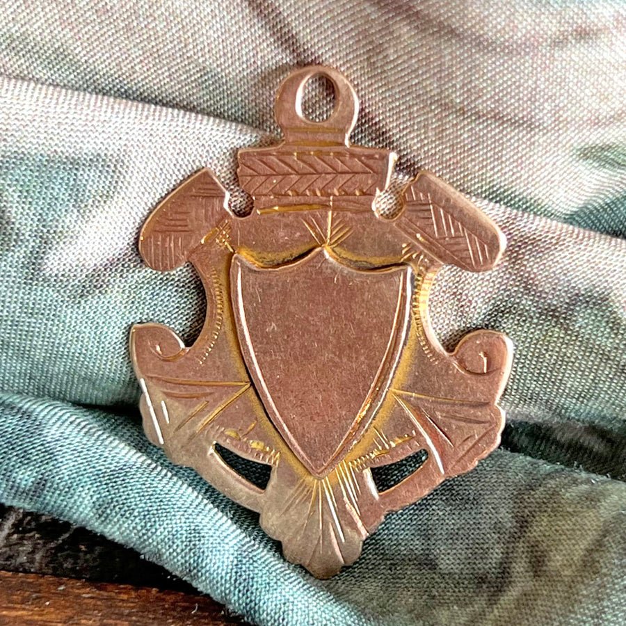 Antique Edwardian Pendant Gold Engraved Shield Fob, Birmingham 1912