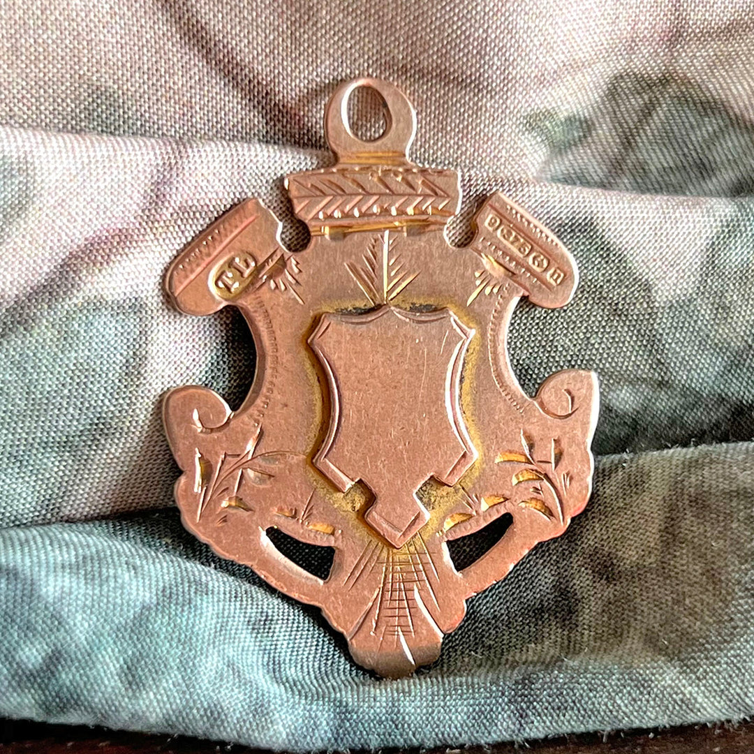 Antique Edwardian Pendant Gold Engraved Shield Fob, Birmingham 1912
