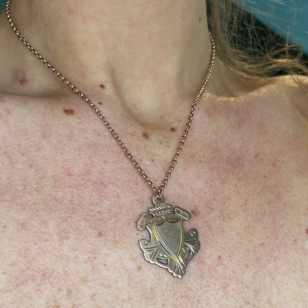 Antique Edwardian Pendant Gold Engraved Shield Fob, Birmingham 1912