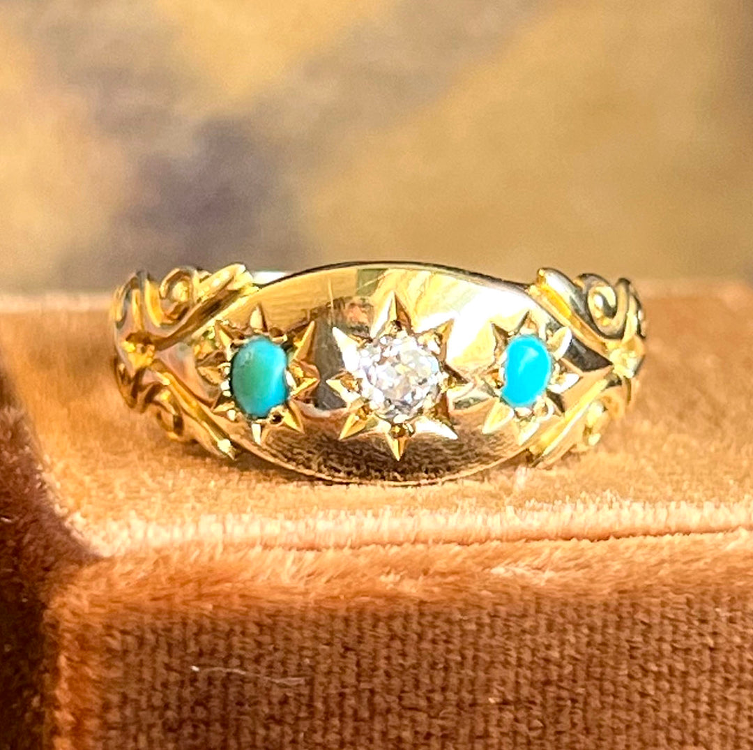 Antique Edwardian Ring Gold Star Set Turquoise & Diamond, Birmingham 1907