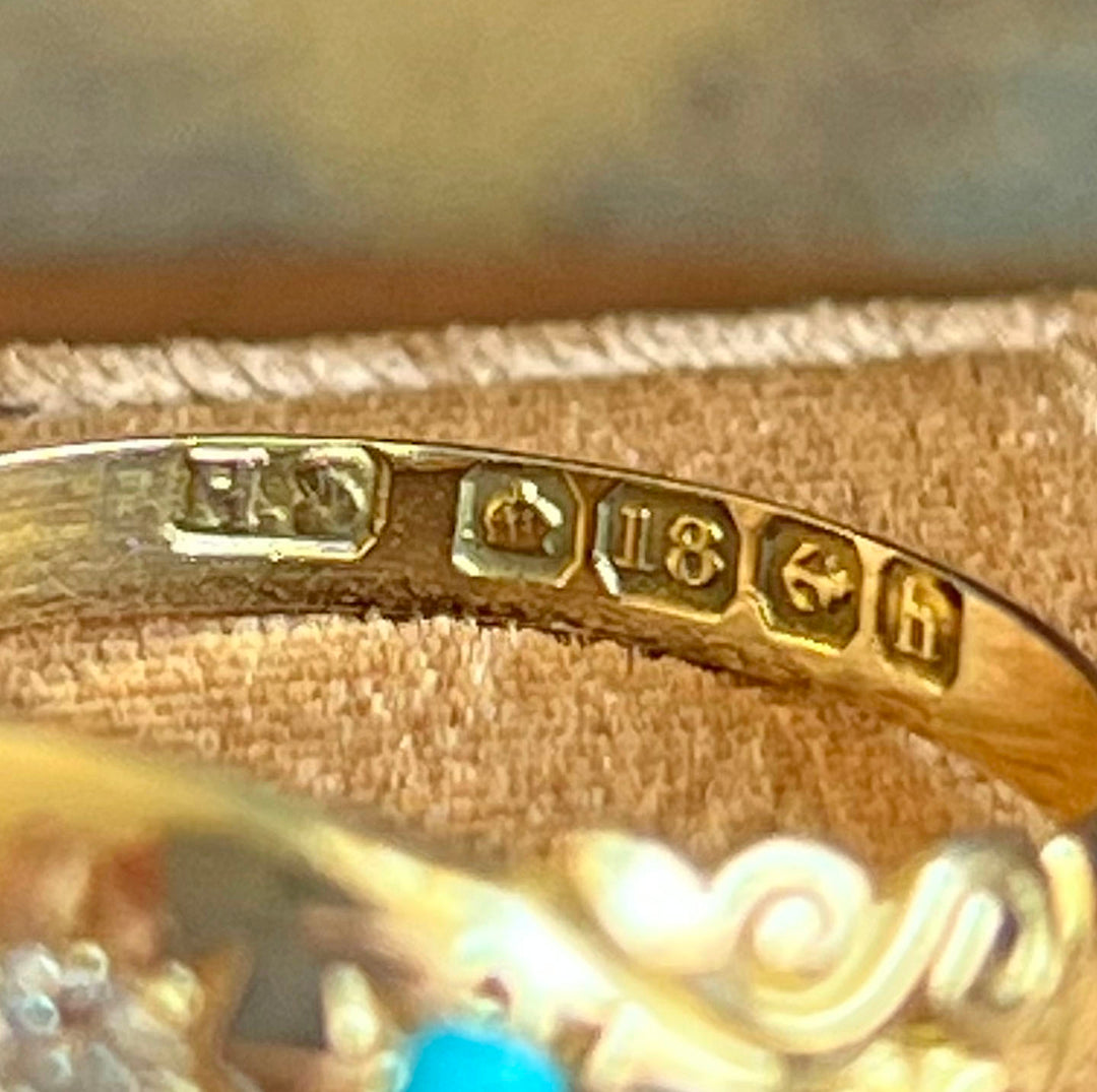 Antique Edwardian Ring Gold Star Set Turquoise & Diamond, Birmingham 1907