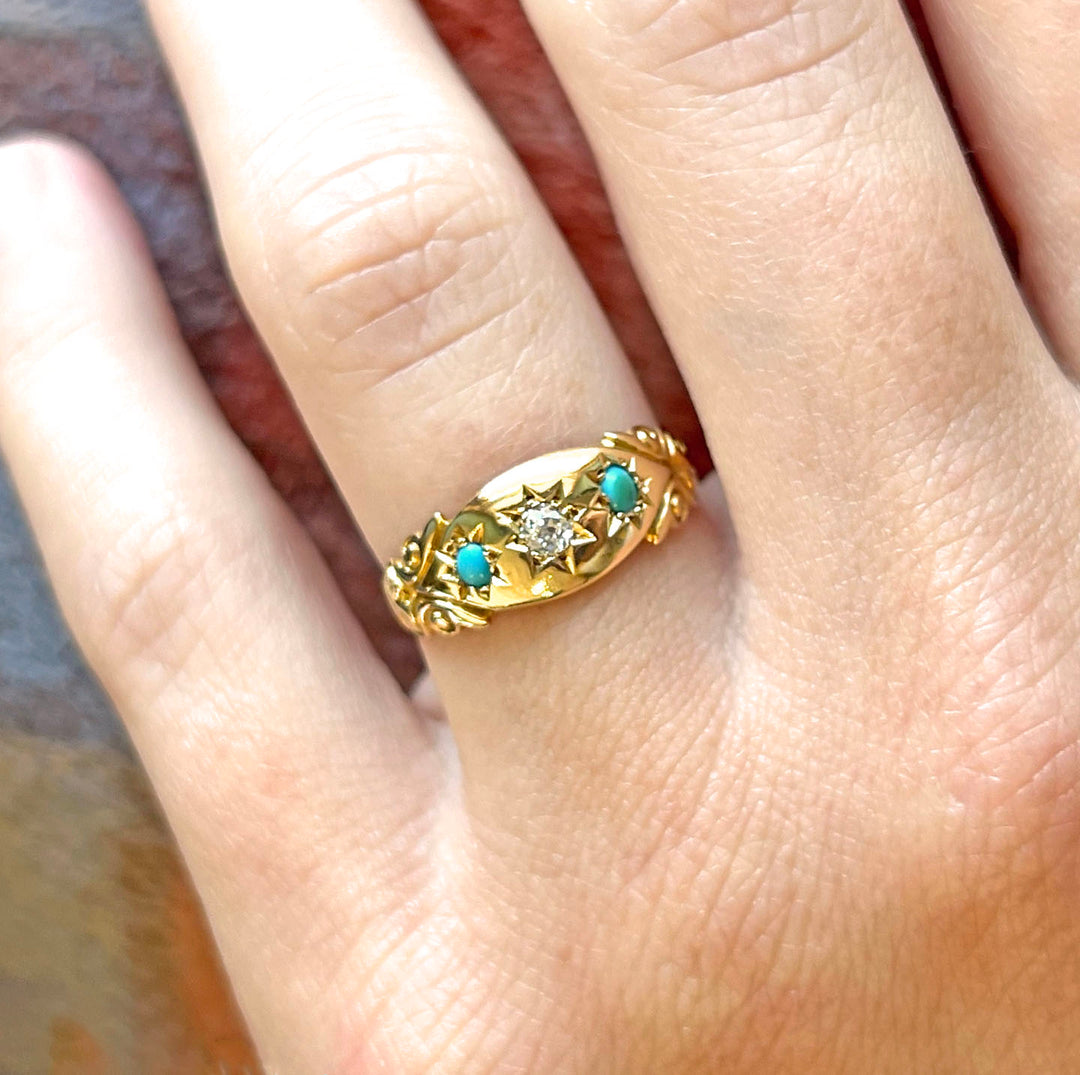 Antique Edwardian Ring Gold Star Set Turquoise & Diamond, Birmingham 1907