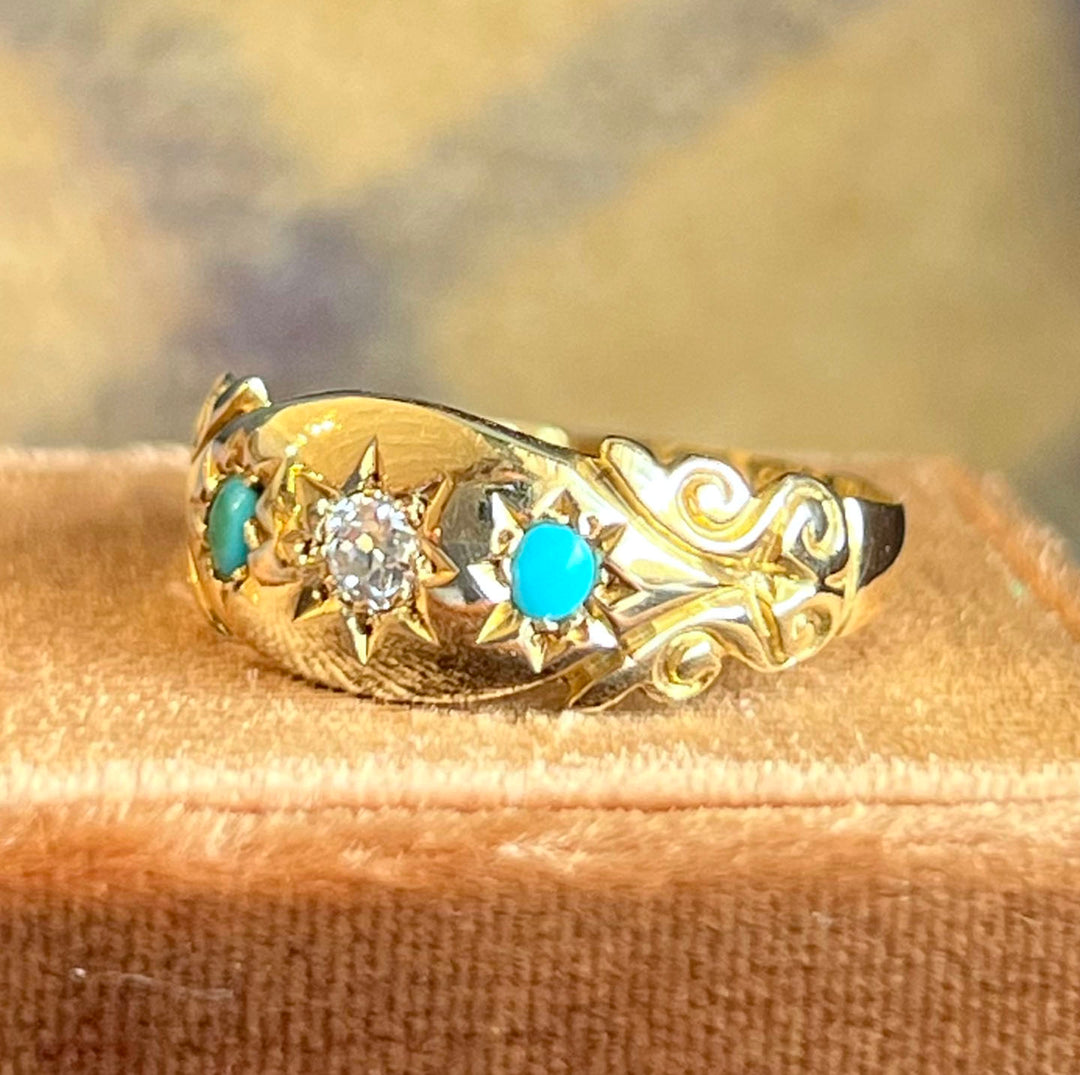 Antique Edwardian Ring Gold Star Set Turquoise & Diamond, Birmingham 1907